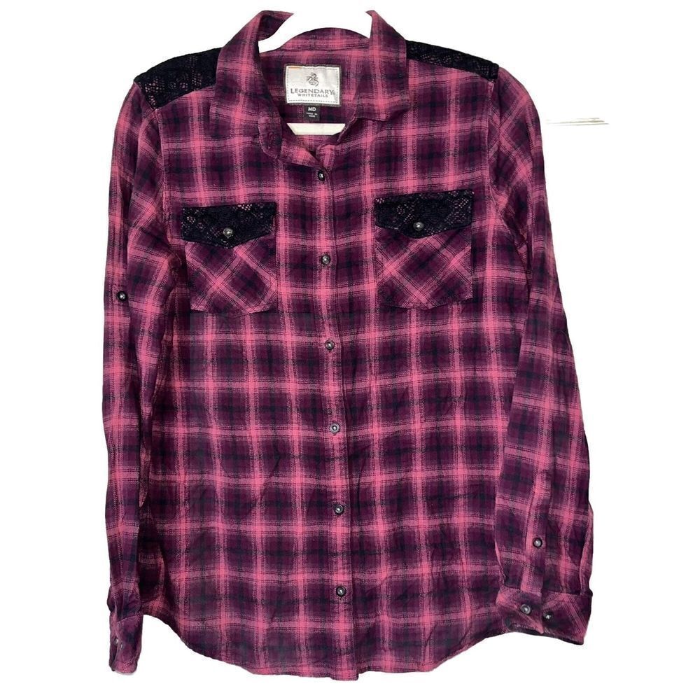 Legendary Whitetails Shirt Wmns Med‎ Flannel Button Down Plaid Faux Lace Western